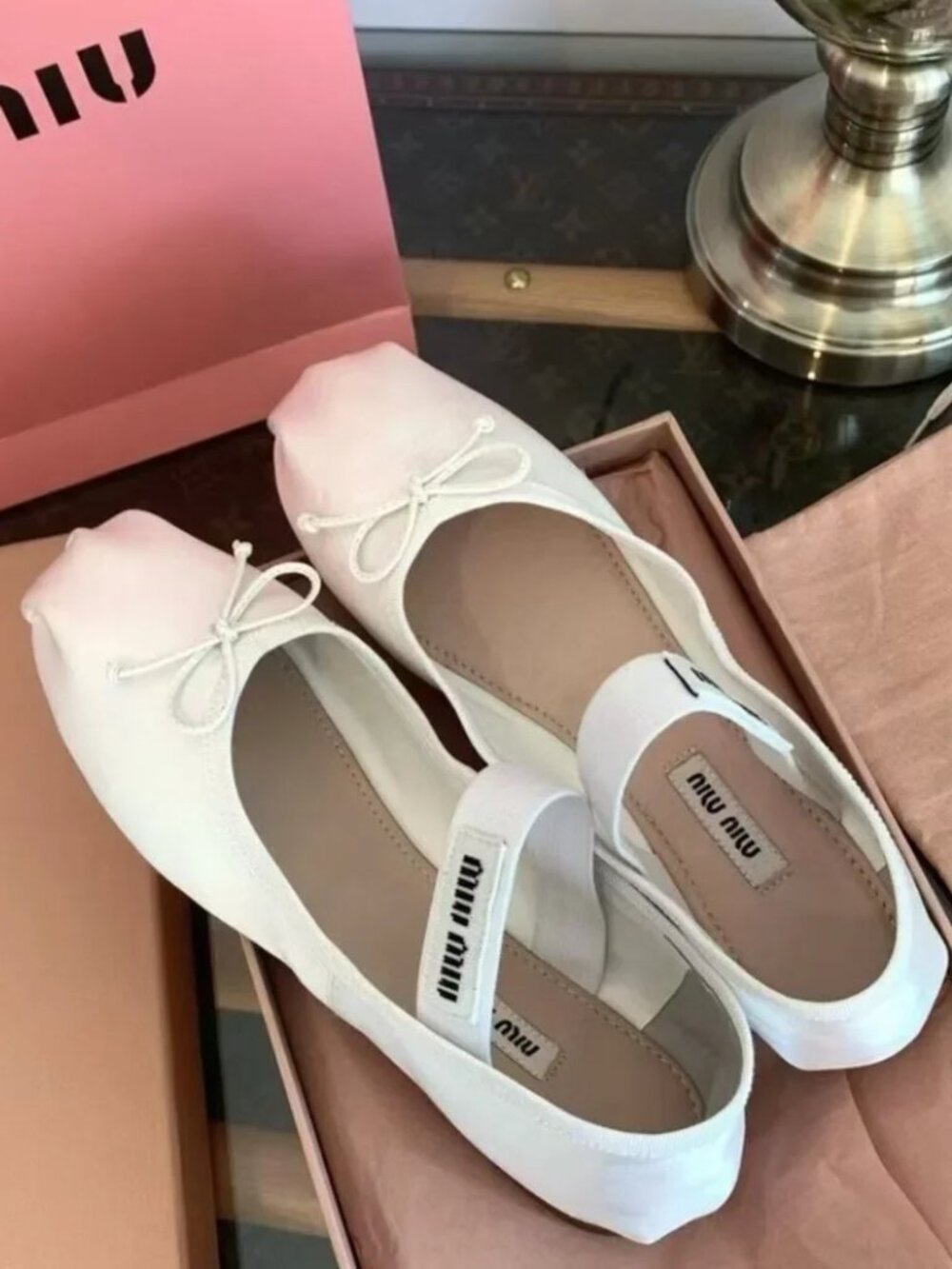 Miu Miu White Satin Bow Mary Jane Ballet Flats